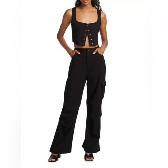 WAYF Where Are You From Black Vegan Front Snap Shimmery Back Smocked Crop - Sz L - Picture 2 of 16